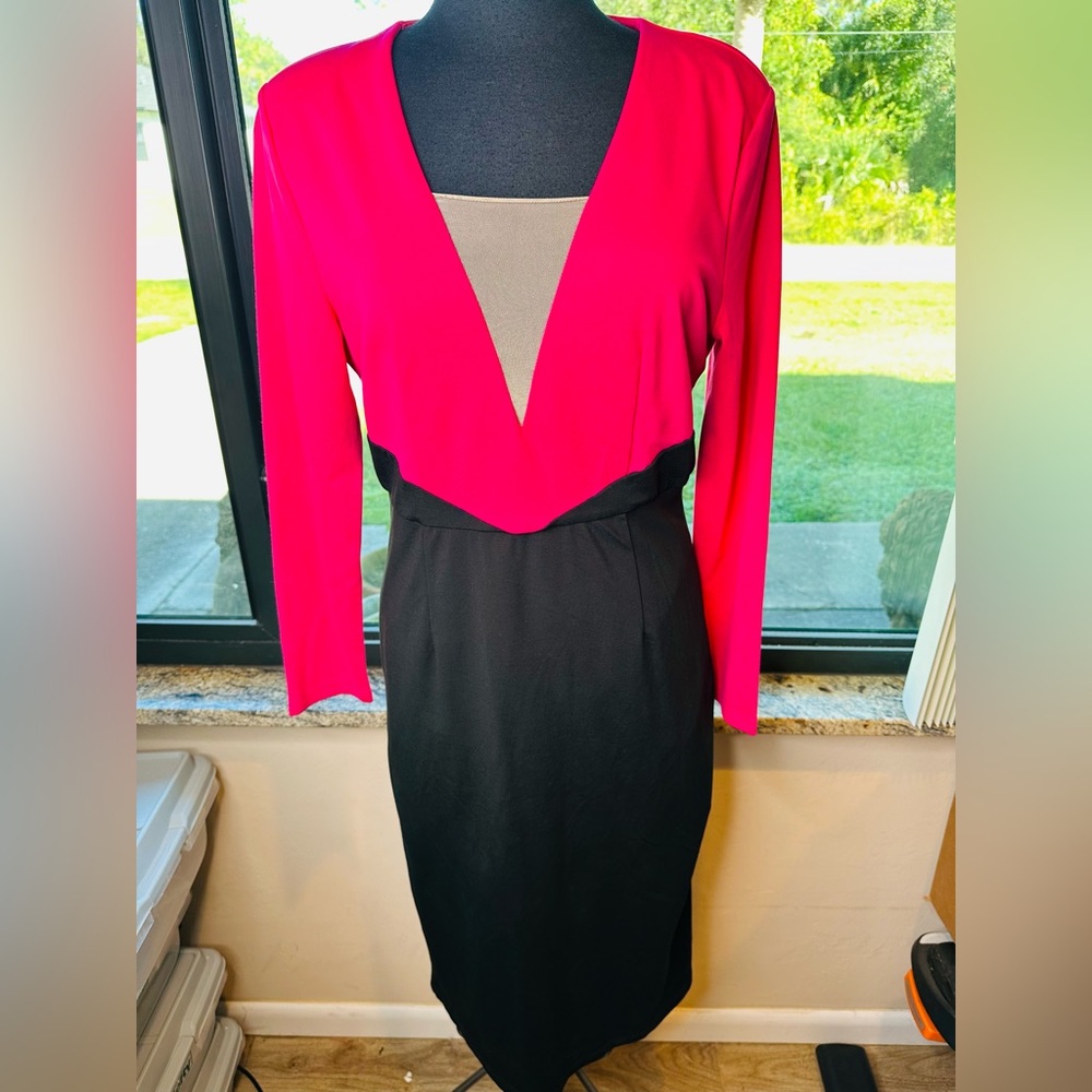 MOTF Two Tone Pink Black Color-block Plunge Long Sleeve Dress Size Large